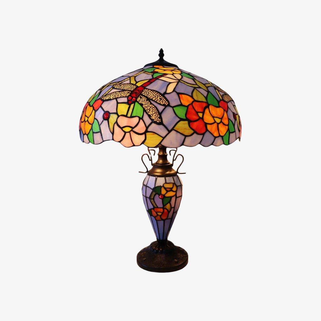 TF Keswick Dragonfly Tiffany Table Lamp – Handcrafted Stained Glass Shade for Living Room or Bedroom