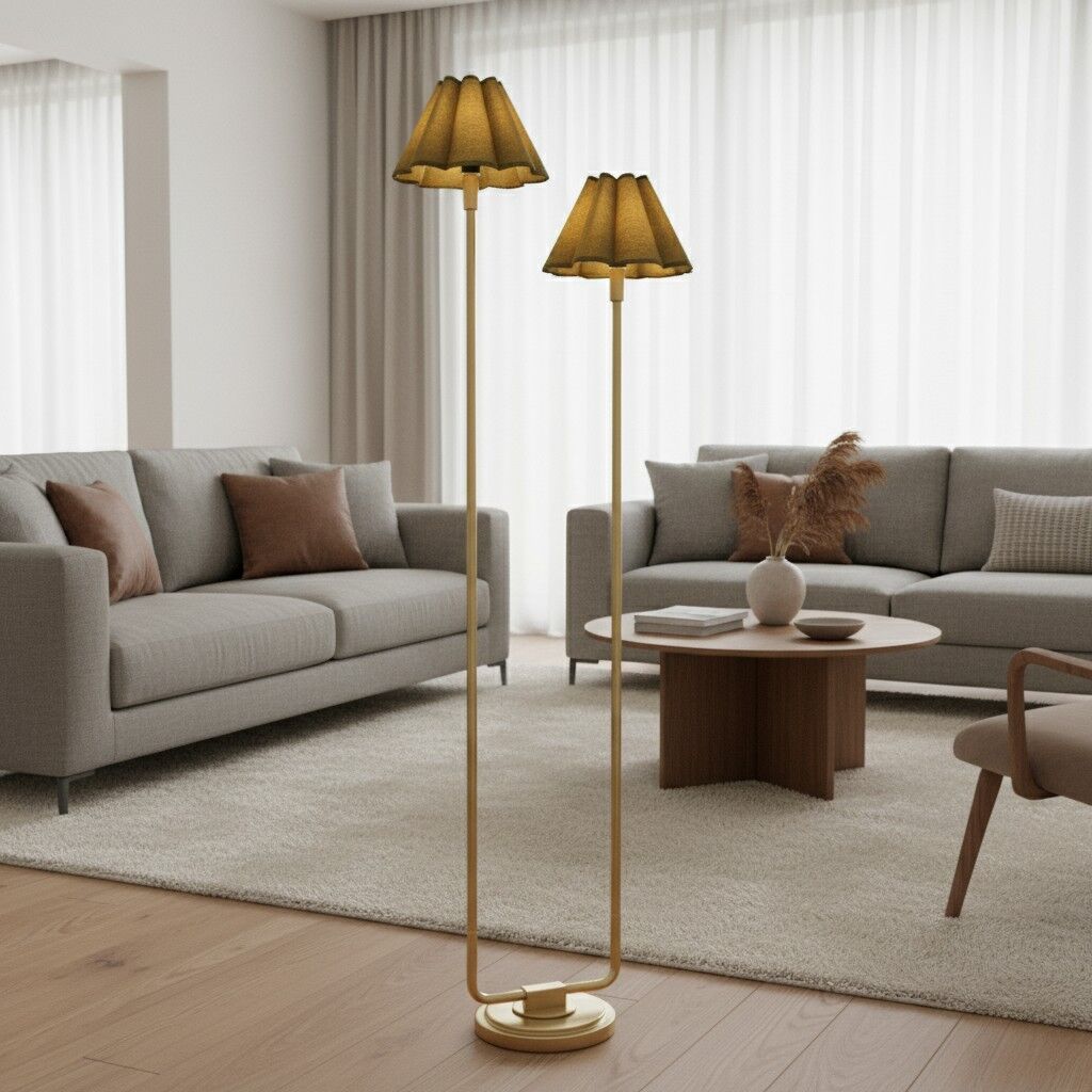 Duova Minimalist 2‑Light Floor Lamp - Modern Pleated Fabric Metal Light for Bedroom or Living Room