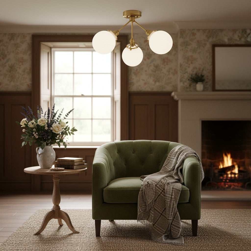 Glorica Glass Chandelier - Brass Globe Ceiling Light with Opal Shade
