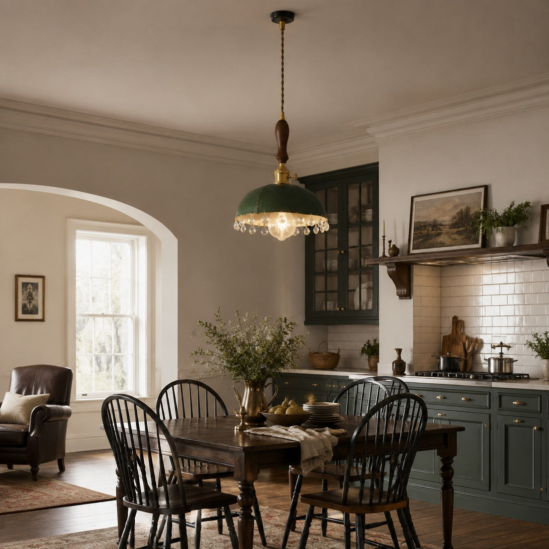 Deep green leather pendant beside a dining table