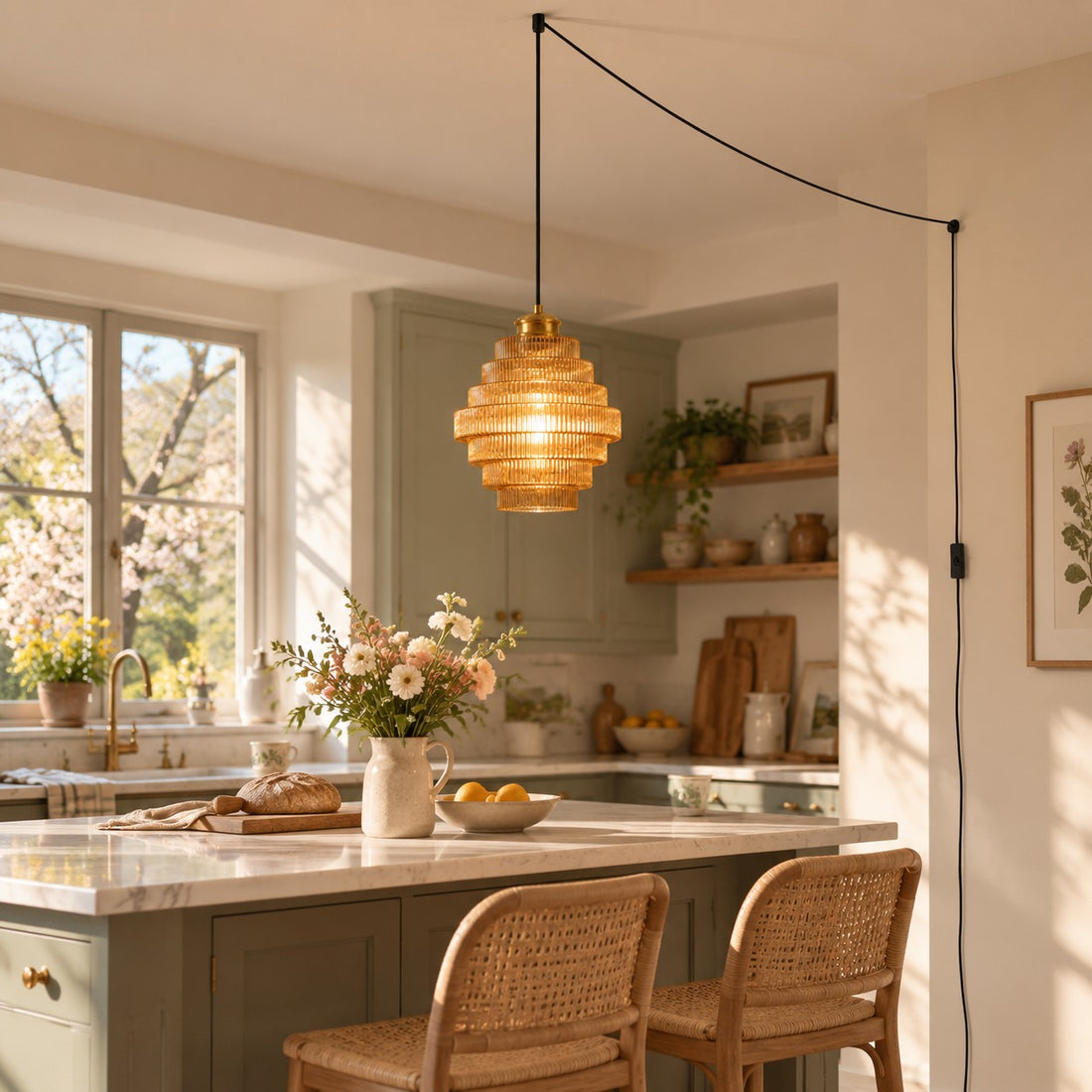 Ridged Glass Plug-In Pendant Light