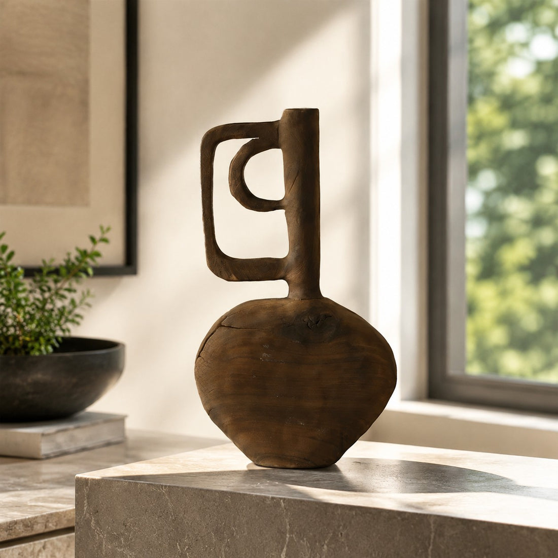 Hand-Carved Solid Wood Sculptural Vase