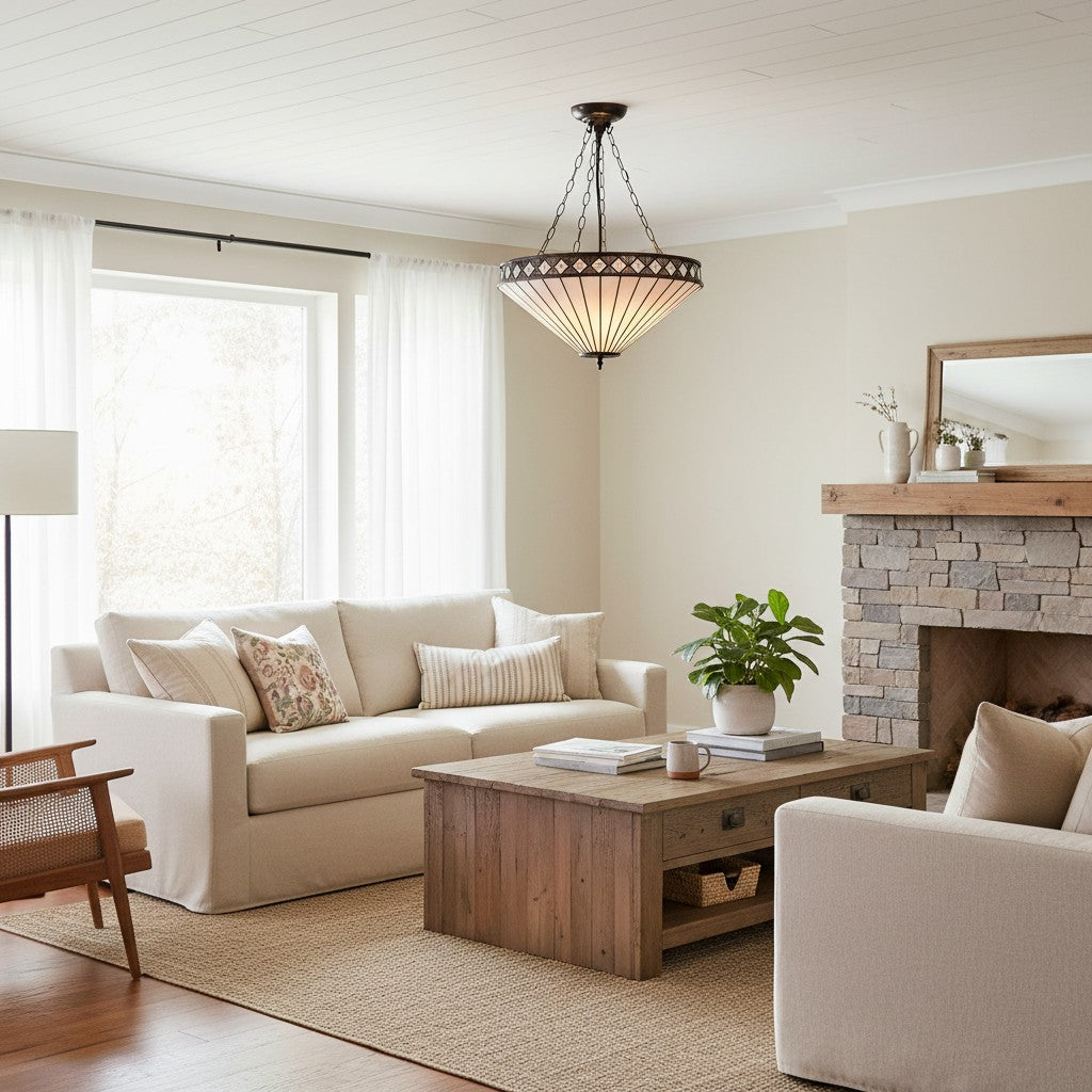 TF Fargo Adjustable Pendant with Stained-Glass Inspired Inverted Shade for Island and Dining