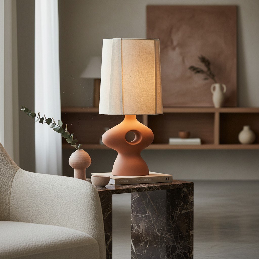 Pryssa Ceramic Table Lamp with Ivory Linen Shade -  Artistic Lighting for Living Room or Bedroom