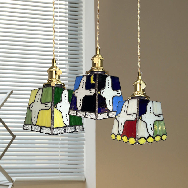Retro Bunte Messing Glas Kleine Pendelleuchte Mit Kreativen Friedenstauben-Muster Für Restaurant