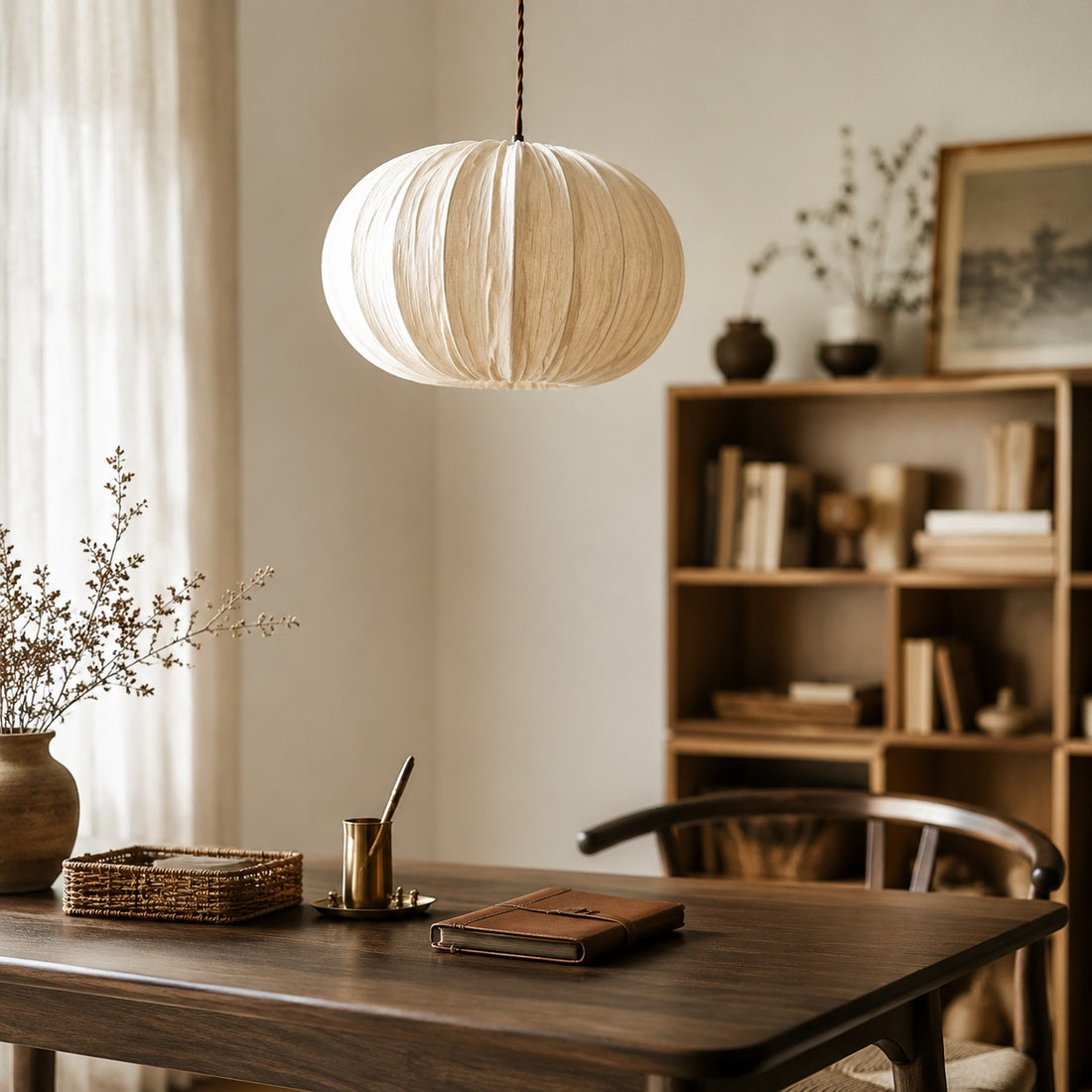 Fabric Globe Pendant Light with Wood Canopy