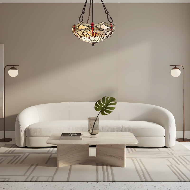TF Dragonfly Beige Tiffany Pendant Lamp – Elegant Stained Glass Fixture for Dining Room and Bedroom