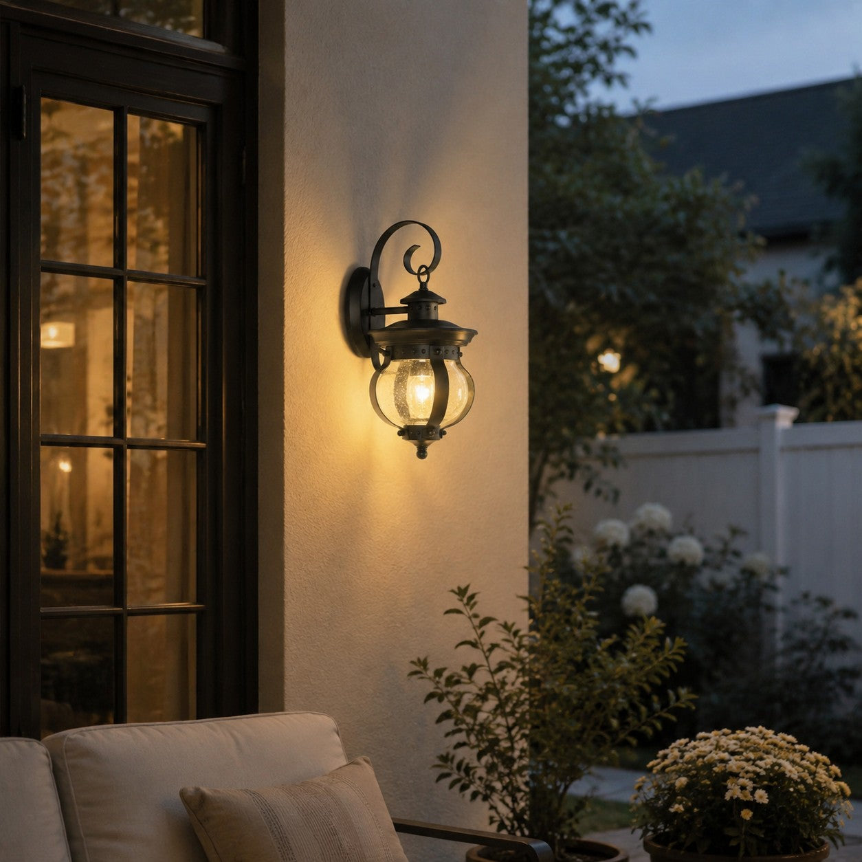 Black outdoor wall lantern on a patio wall