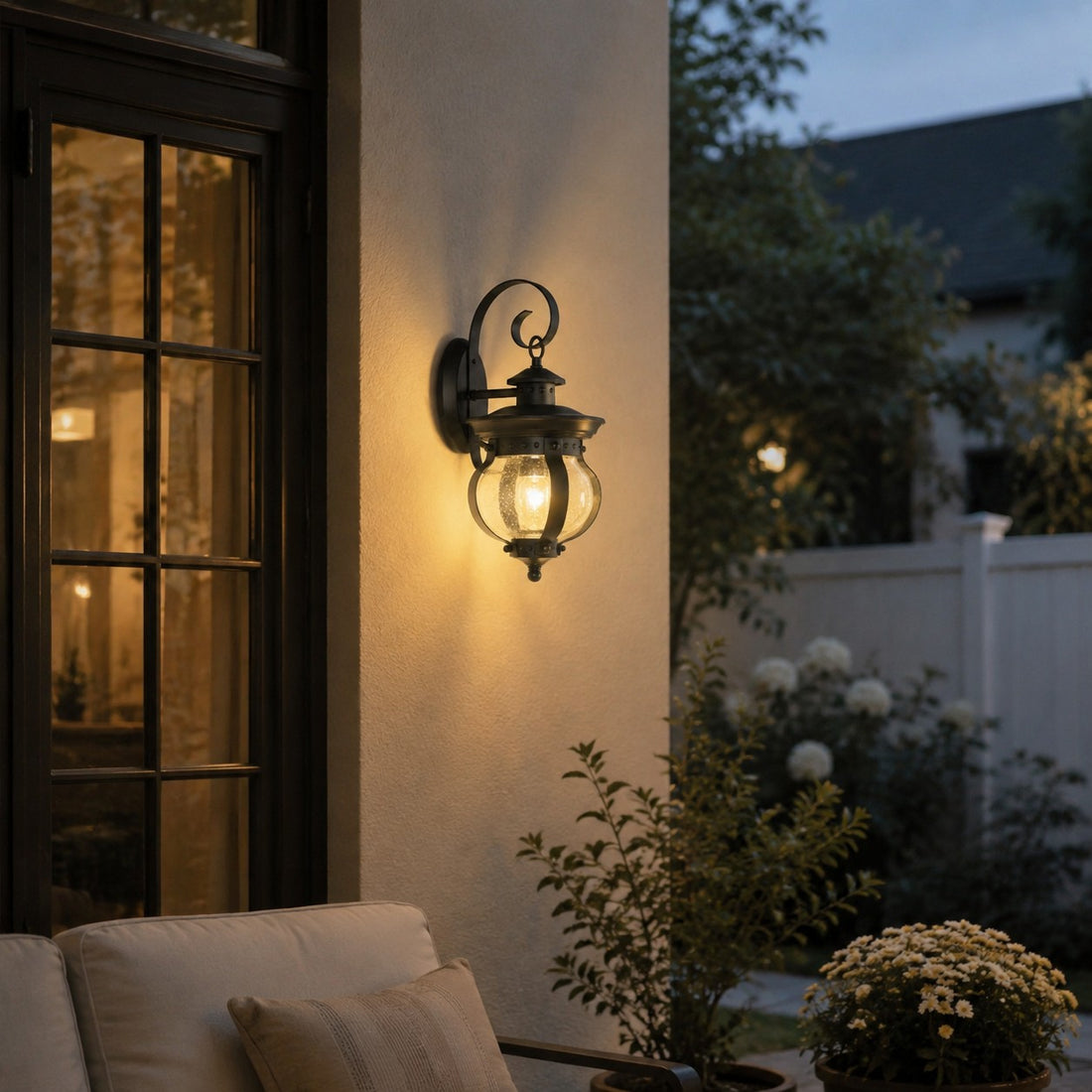 Black outdoor wall lantern on a patio wall