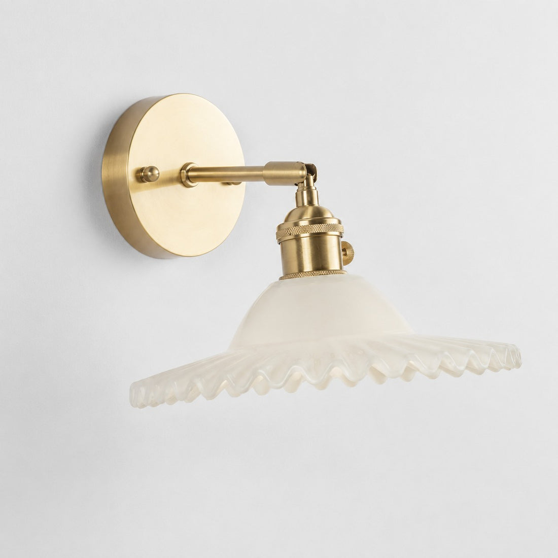 Ceramic white glass wall light with brass arm, 912BZ shade 7 cm high and 22 cm diameter