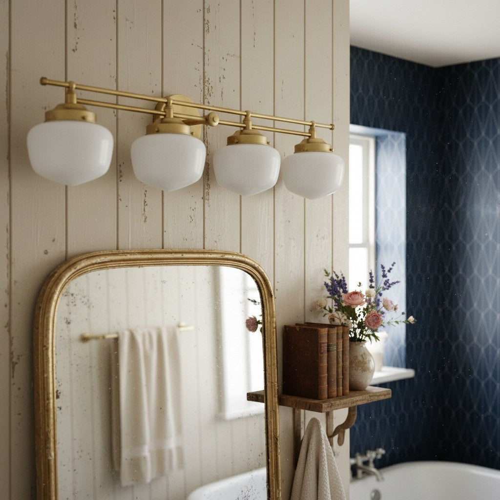 Opalglas Art Deco Vanity Light - Badezimmer-Wandleuchte mit weißen Glasschirmen