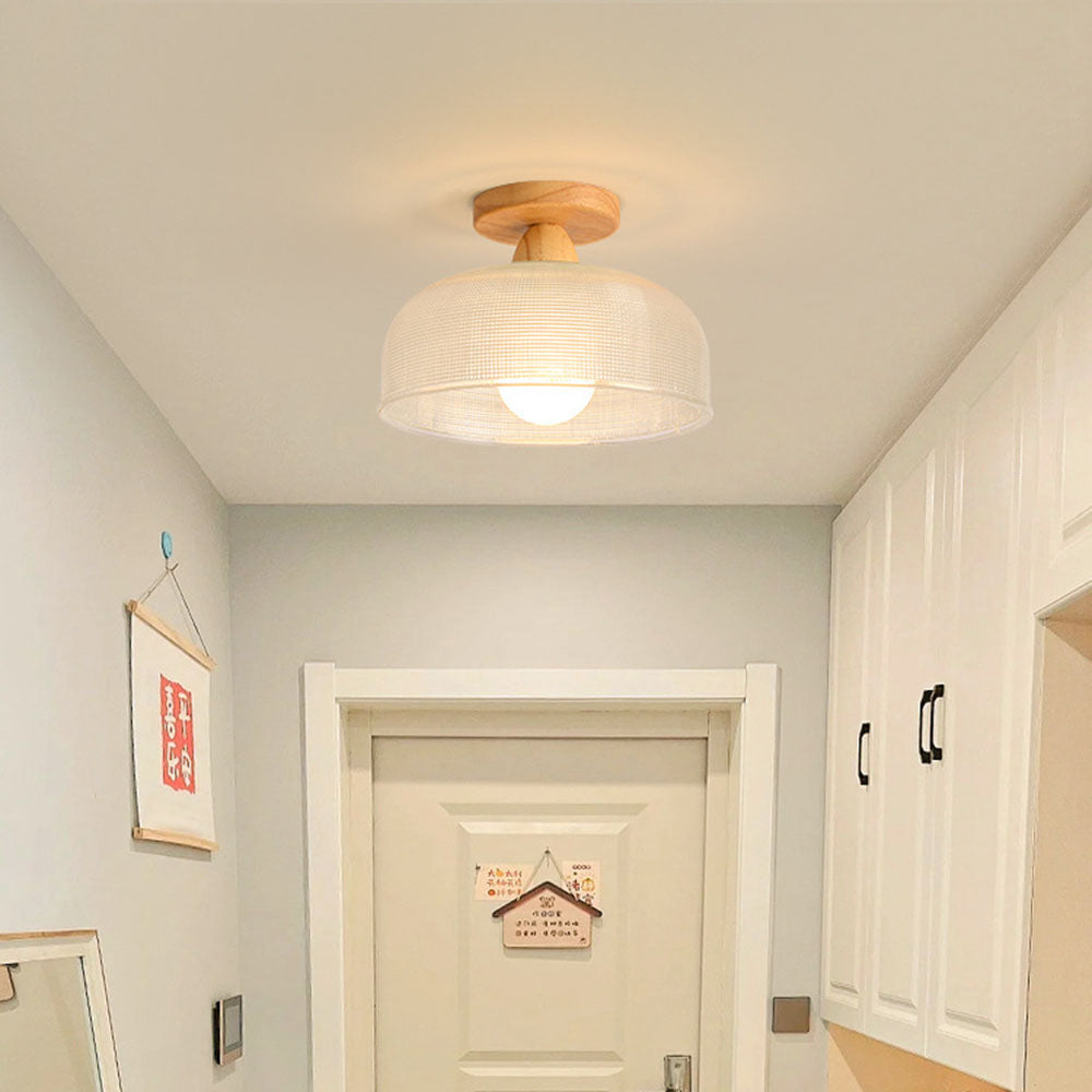 Solid Wood Glass Ceiling Lamp - Modern Semicircle Fixture for Hallway