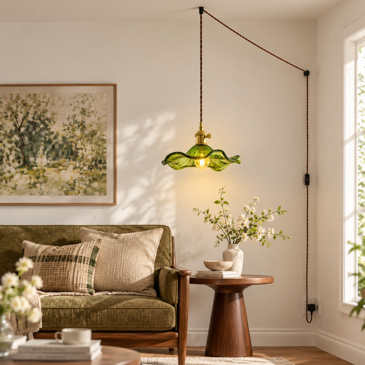 Geriffelte florale Glas-Hängeleuchte mit Kabel