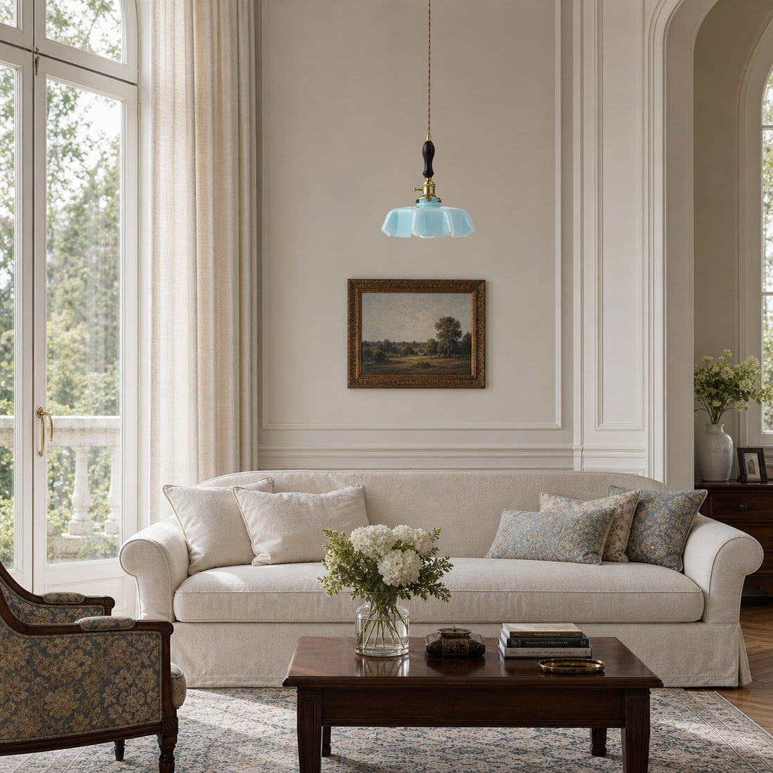 Vintage scalloped opaline glass pendant light view 2