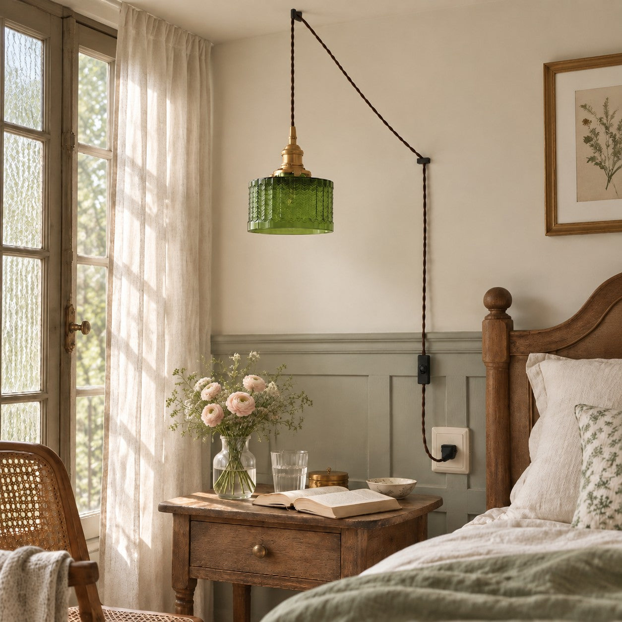 Chevron Green Glass Plug-In Swag Pendant