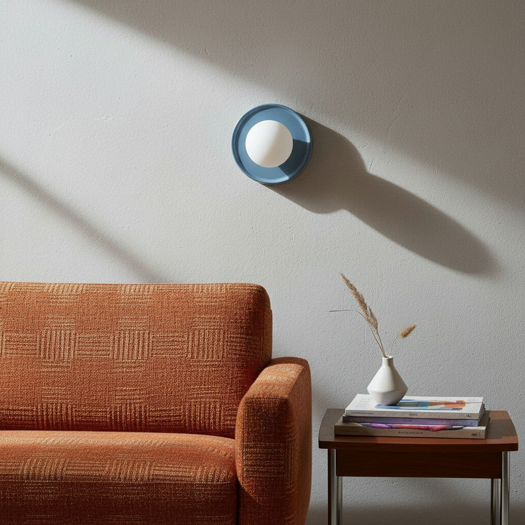 Solna Round Glass Wall Sconce with Ceramic Base—Minimalist Lighting for Bedroom or Hallway