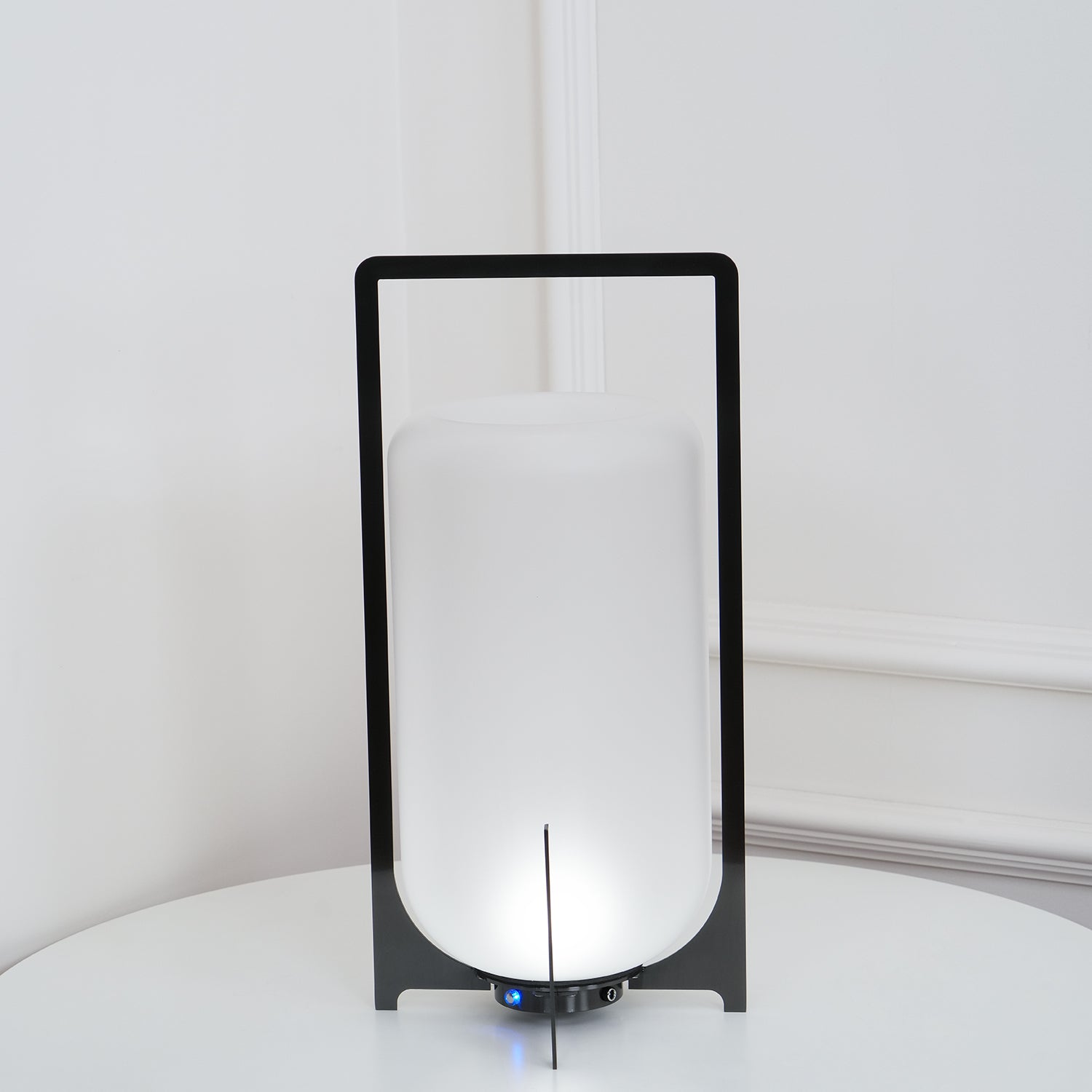 Black Lantern Table Lamp - Outdoor LED Light with Blown Glass Shade