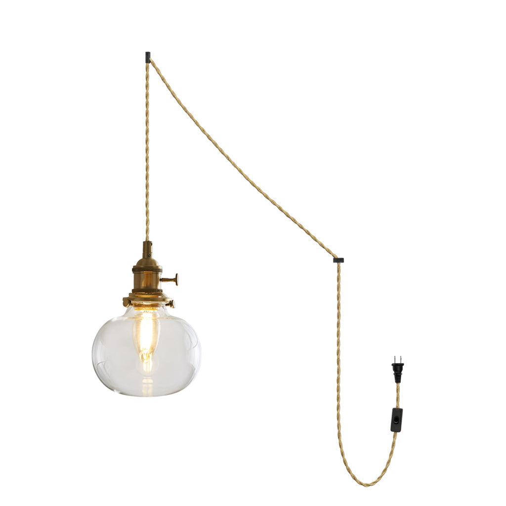Pendelleuchte aus Messing und Klarglas mit Stecker