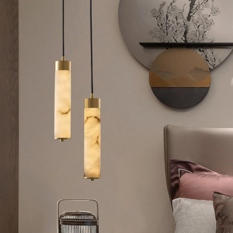 Neue Pendelleuchte aus Alabaster im chinesischen Stil mit langen Streifen, weiß