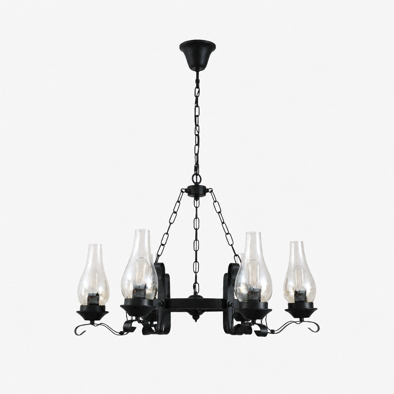 Six-light black iron chandelier with clear hurricane glass shades