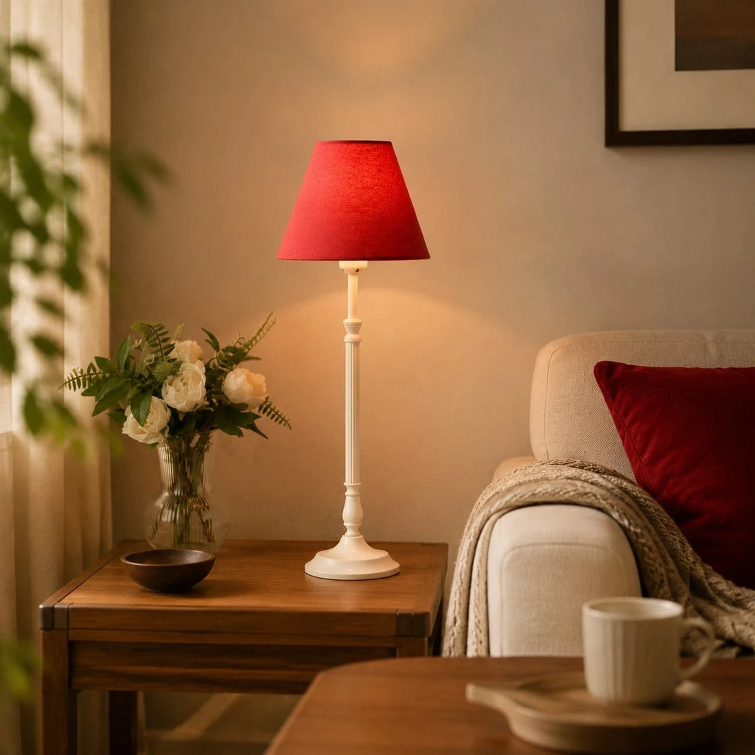 Rose red French country table lamp on a wooden side table