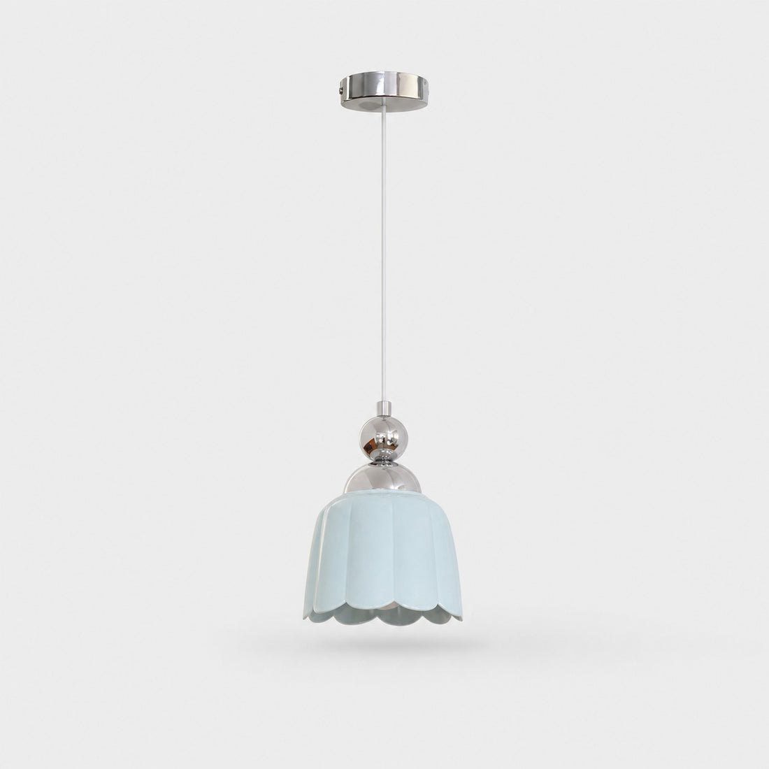Sea salt blue scalloped ceramic pendant lamp with polished metal canopy
