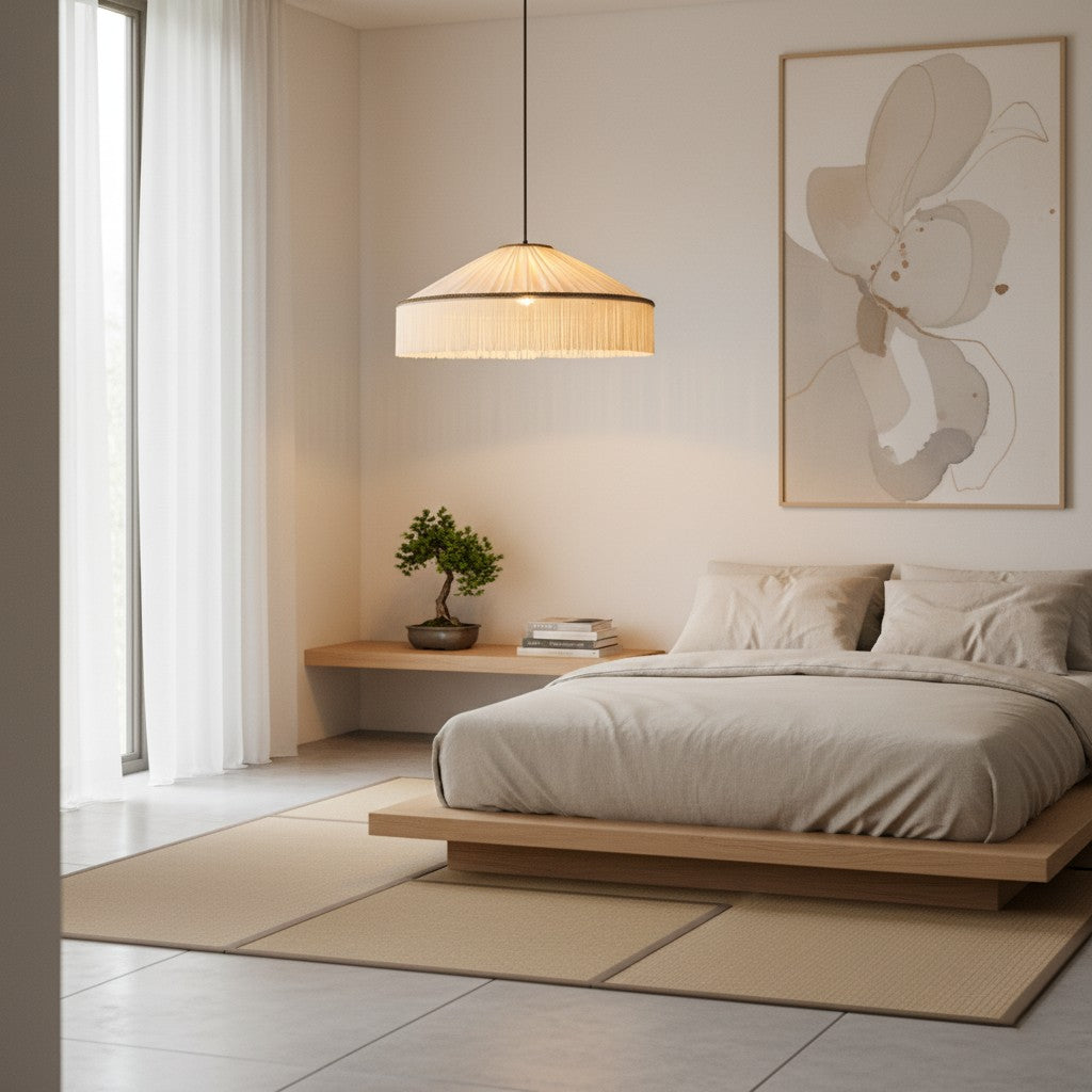 Beige Stecker-Pendelleuchte aus plissiertem Stoff mit Fransen