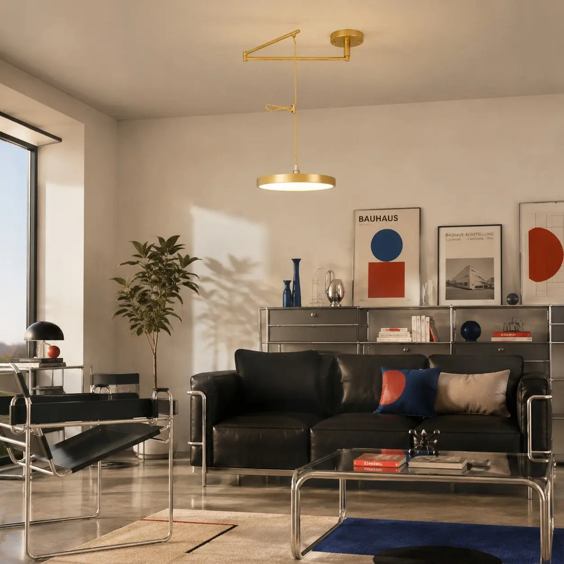 Gold movable pendant light in a Bauhaus-inspired living room