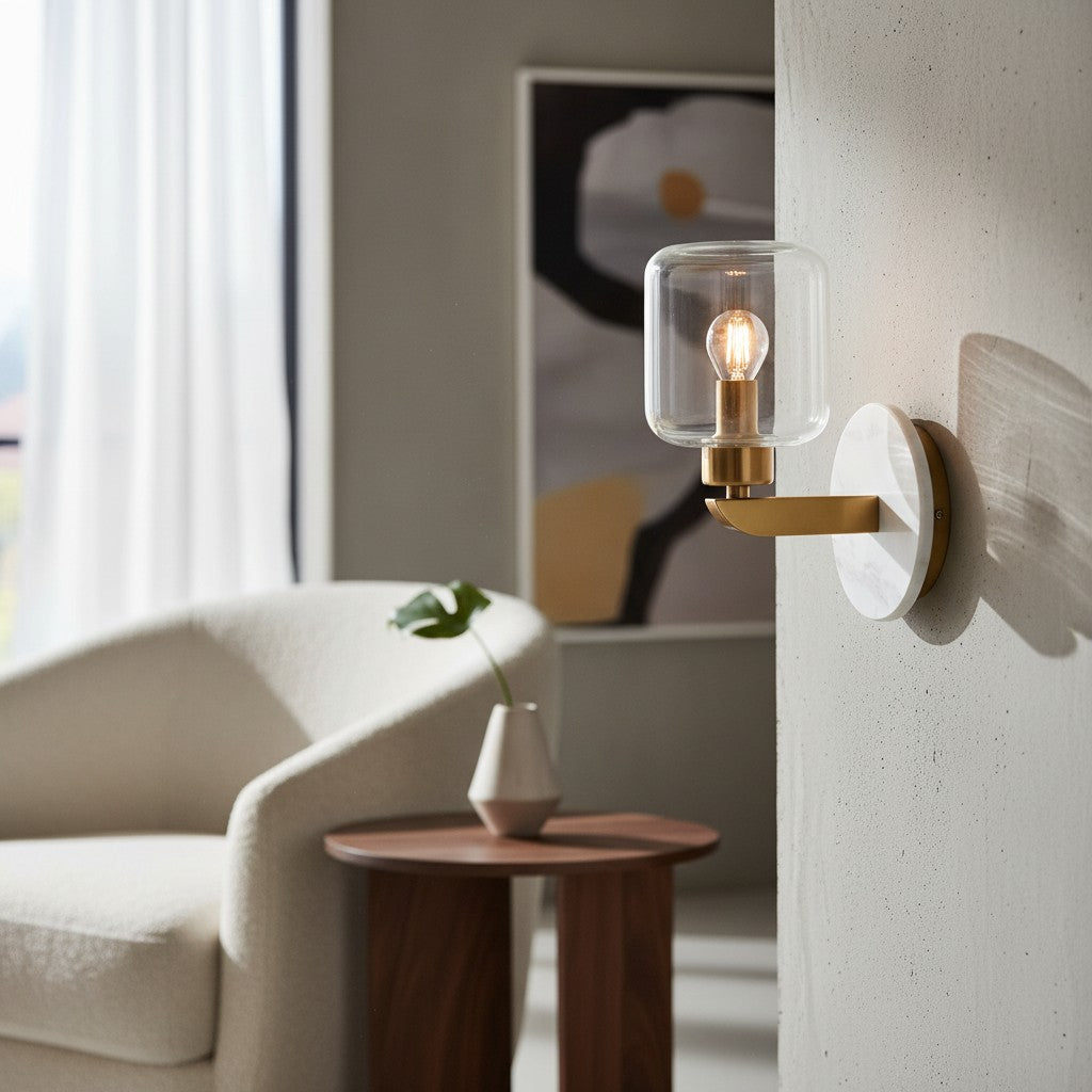 Korlisse Modern Marble Wall Light - Vintage Brass & Clear Glass Accent for Living Room and Hallway