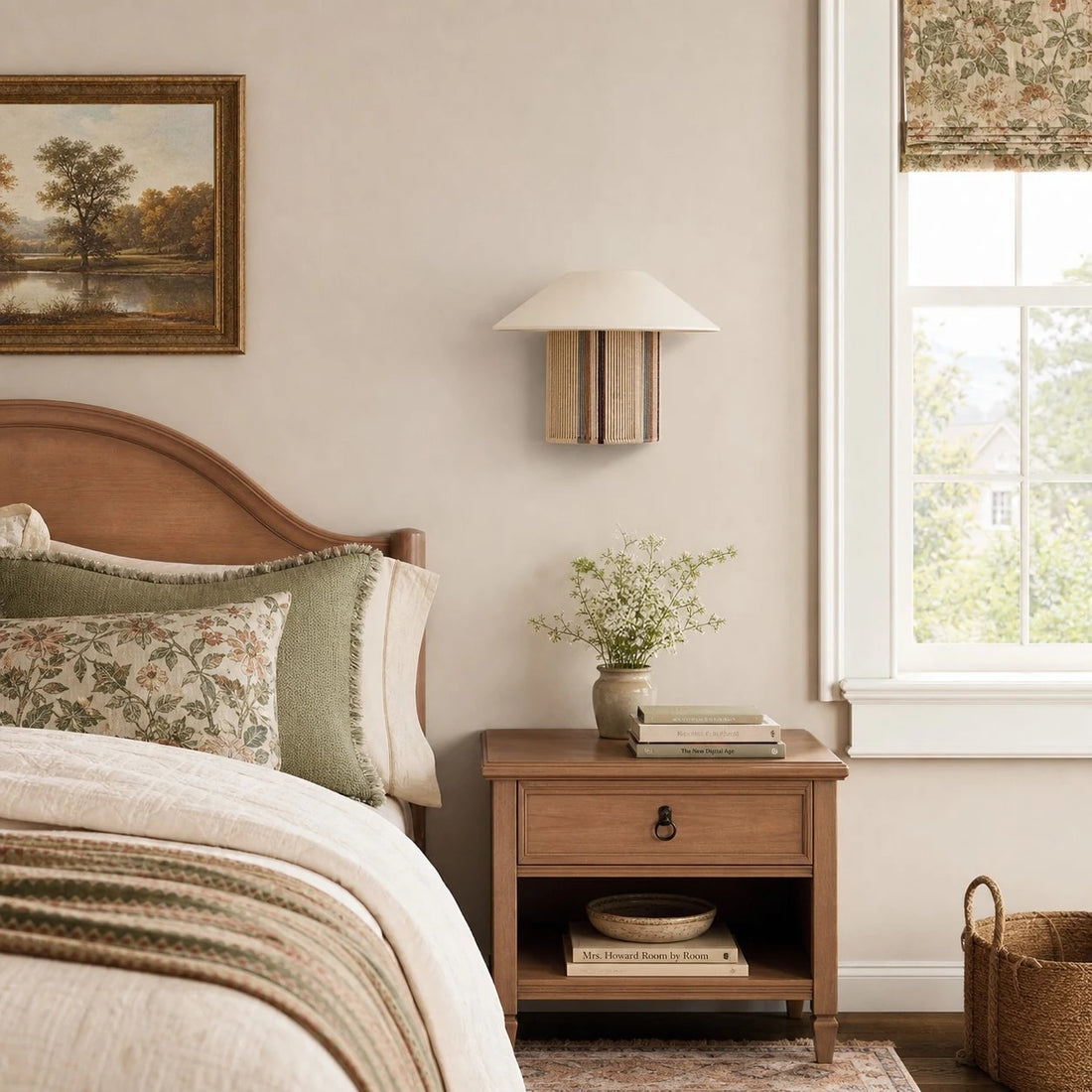 Woven wall sconce bedroom scene