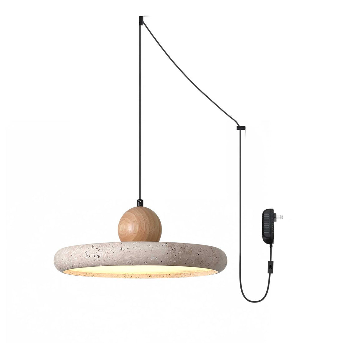 Travertin-Holz-Plug-in-Hängeleuchte