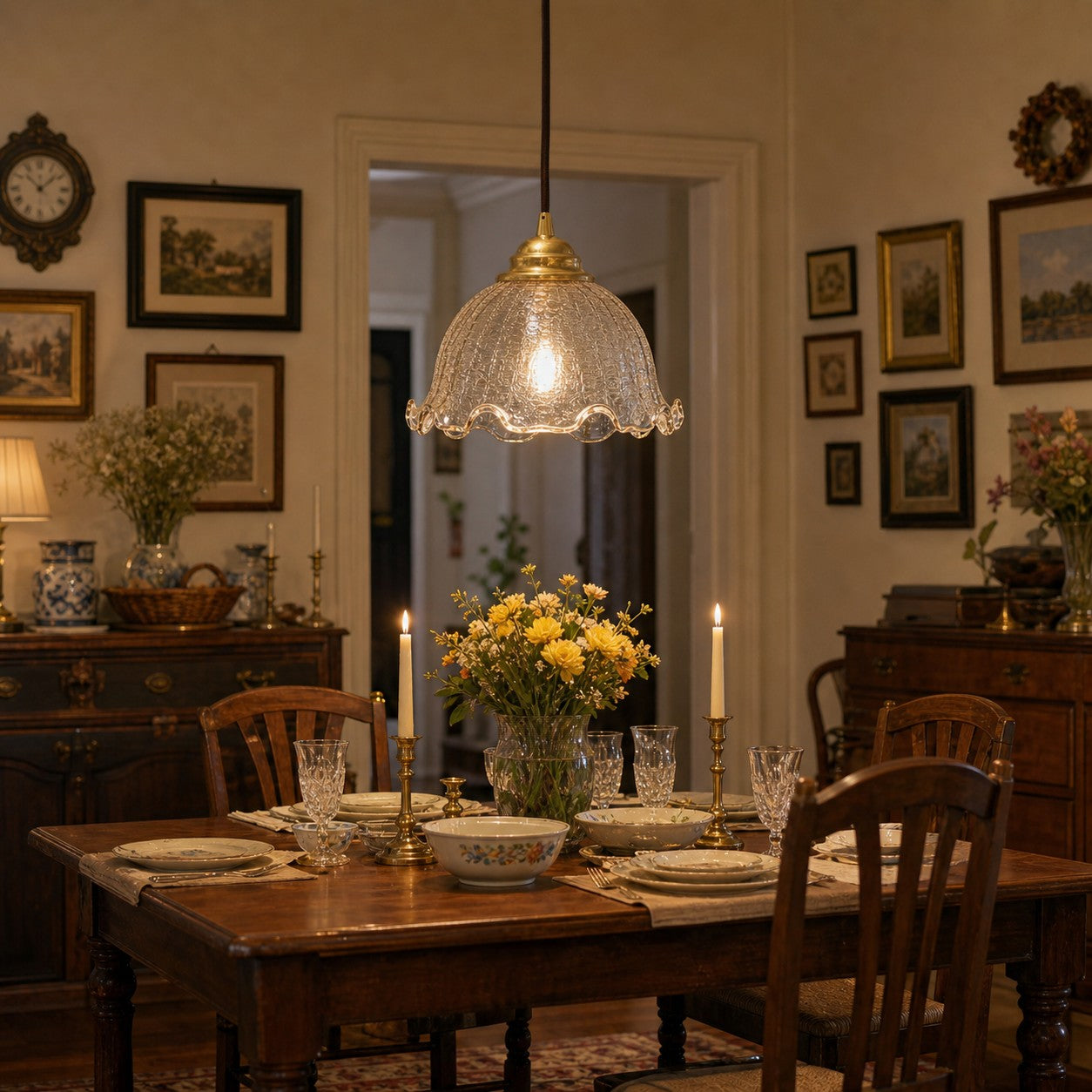 vintage glass pendant light in a dining room
