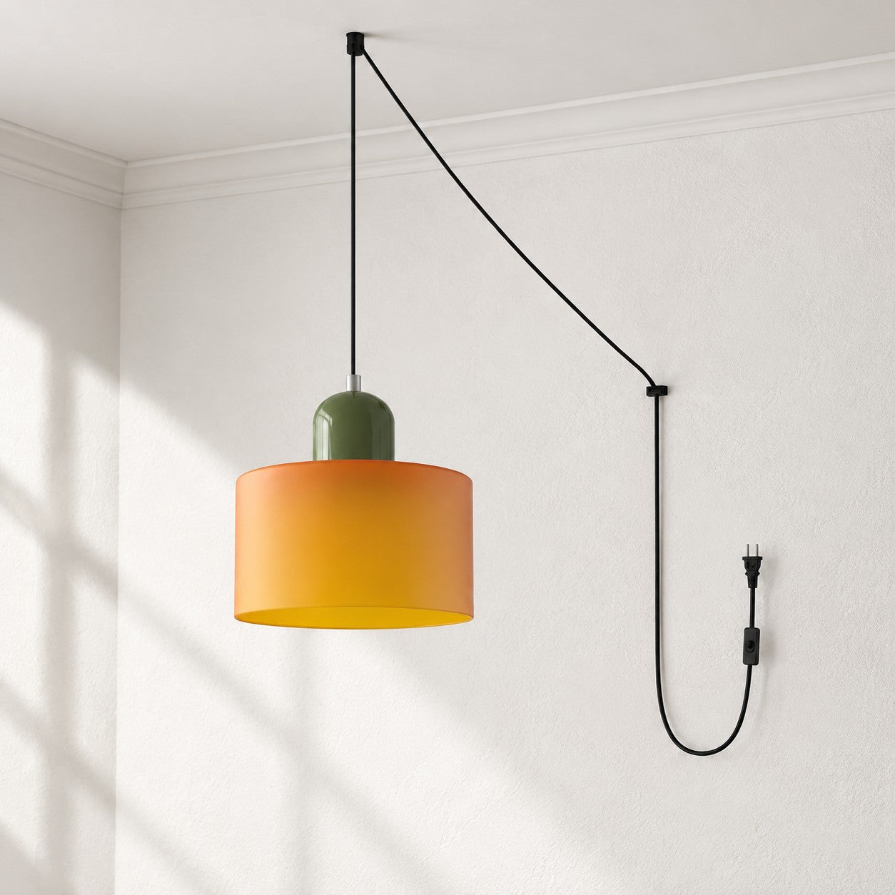 Mid-Century-Makronen-Pendelleuchte mit Stecker und Zugkabel - Bunter Lampenschirm als Hängelampe für die Wohnraumdekoration