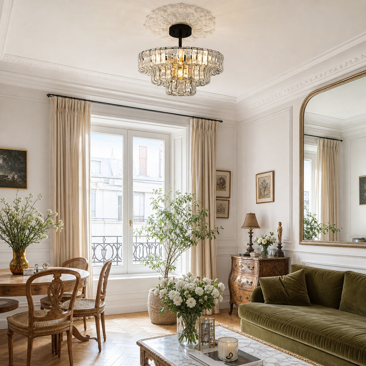 French Vintage Ripple Glass Chandelier