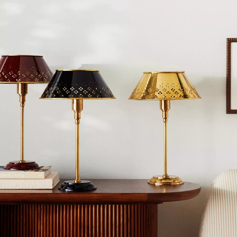 Auriglow Brass Perforated Table Lamp - Space Age Floral Bedroom Light