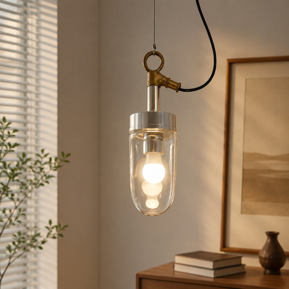 Vintage industrial clear glass pendant light interior and detail image