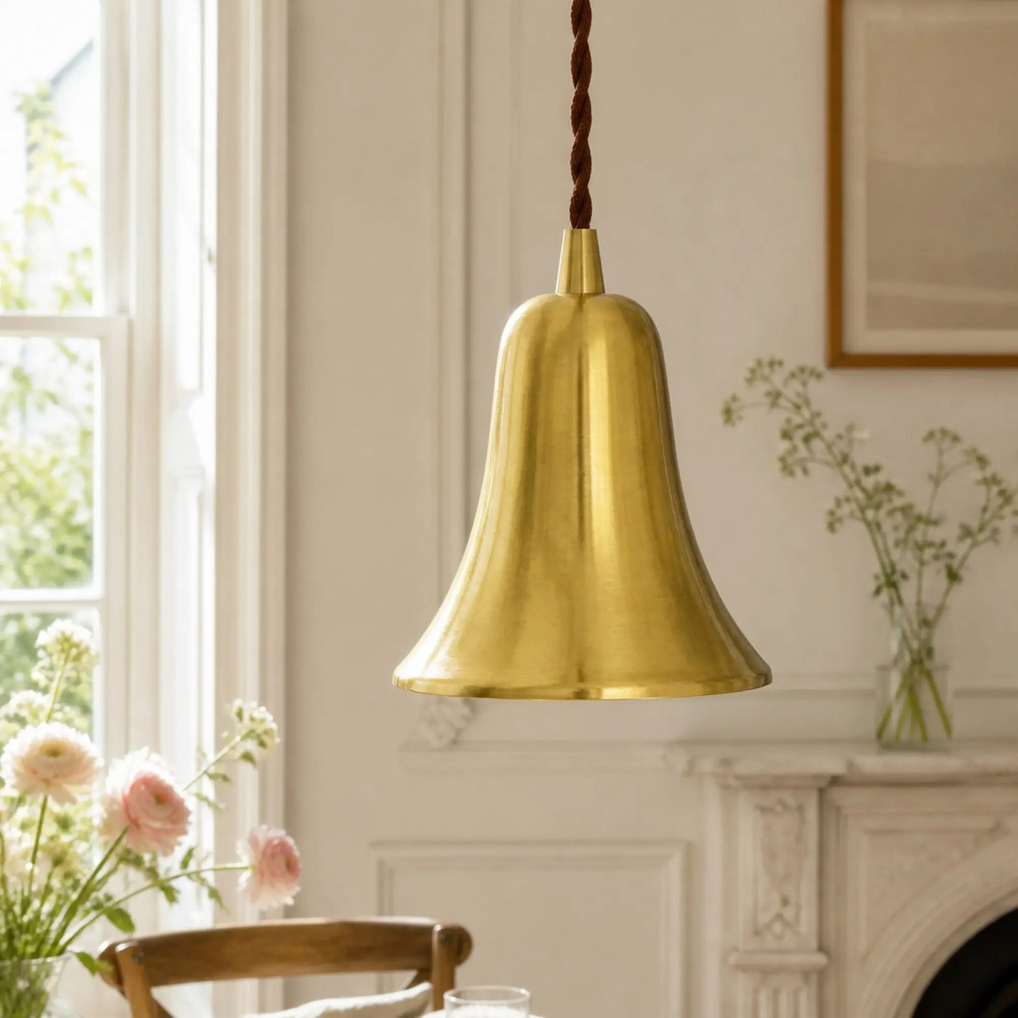 Natural brass bell pendant light in a bright dining room