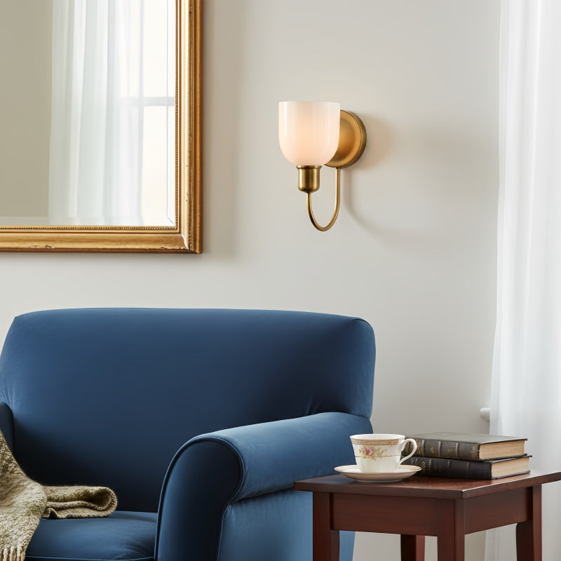 Tracian Wall Sconce - Curved Arm with Glass or Linen Shade for Bedroom