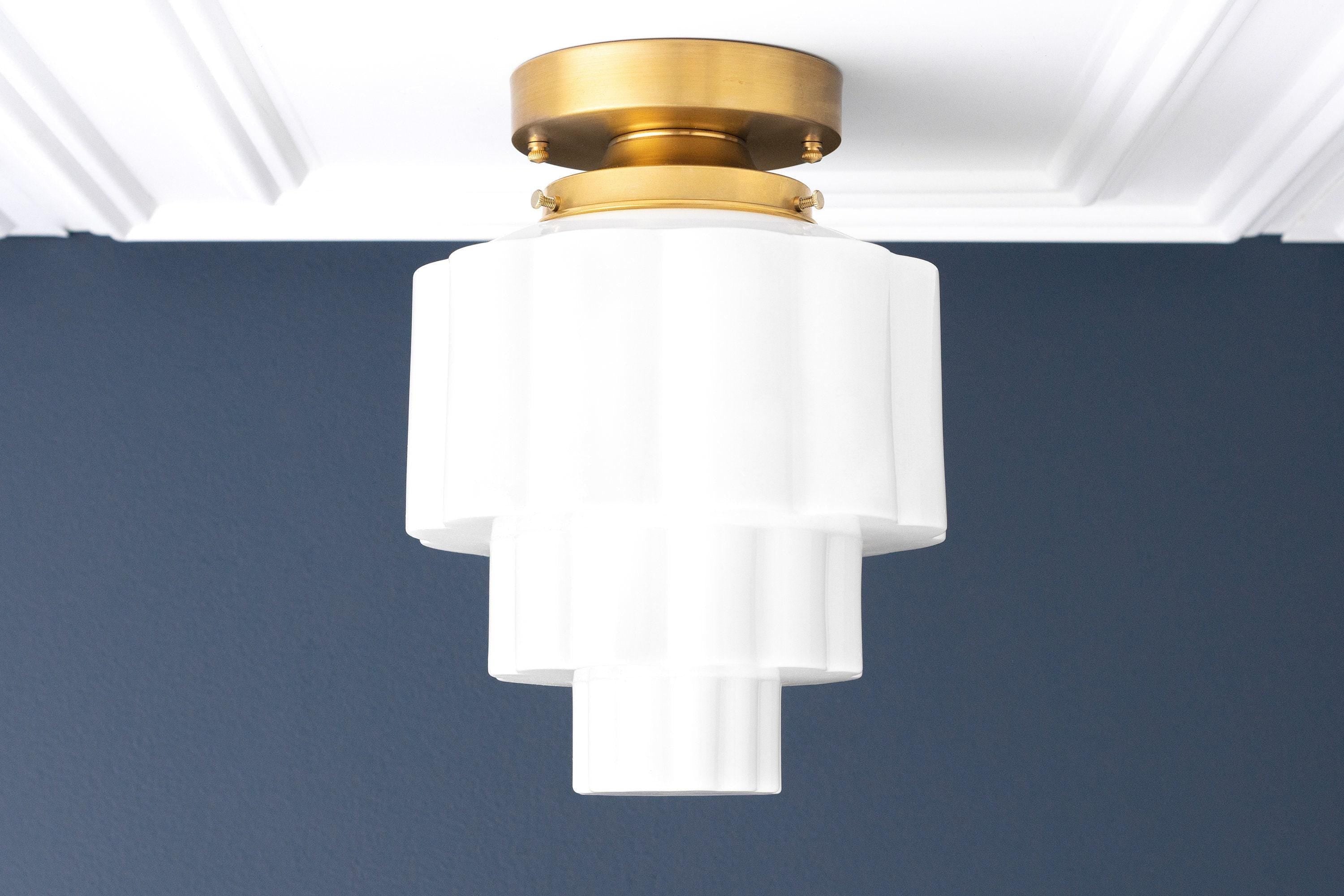 Geotower Glass Brass Ceiling Light – Art Deco Ribbed Globe Flush Mount
