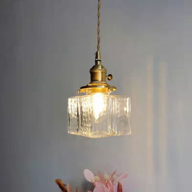 Traditionelle Vintage Quadrat Rechteck Ripple Glas Eisen 1-Licht Pendelleuchte für Wohnzimmer