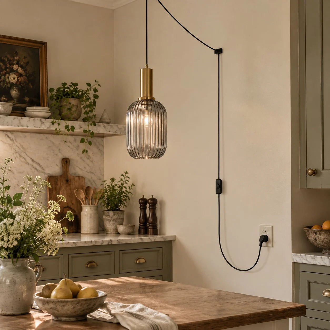 Retro ribbed glass plug-in pendant light in a home interior