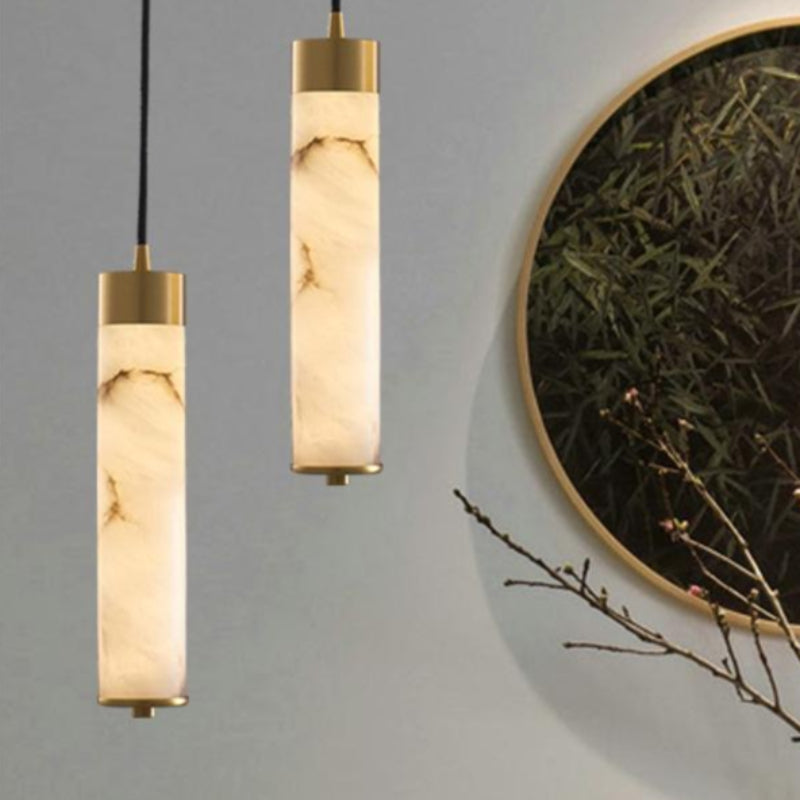 Neue Pendelleuchte aus Alabaster im chinesischen Stil mit langen Streifen, weiß