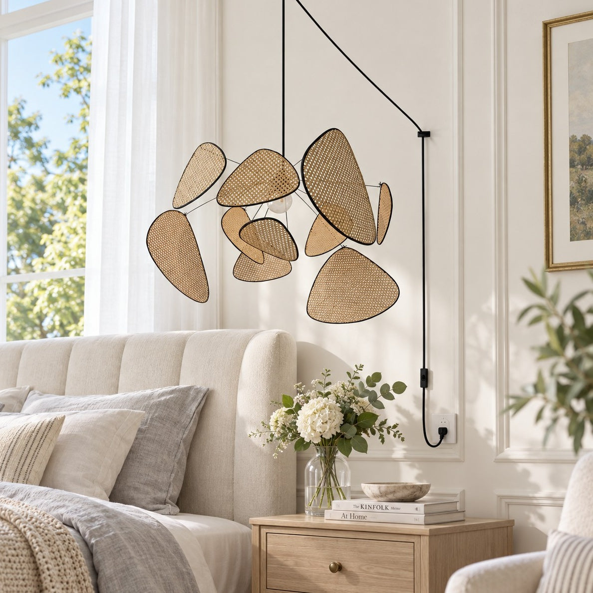 Rattan-Kronleuchter mit Steckerkabel