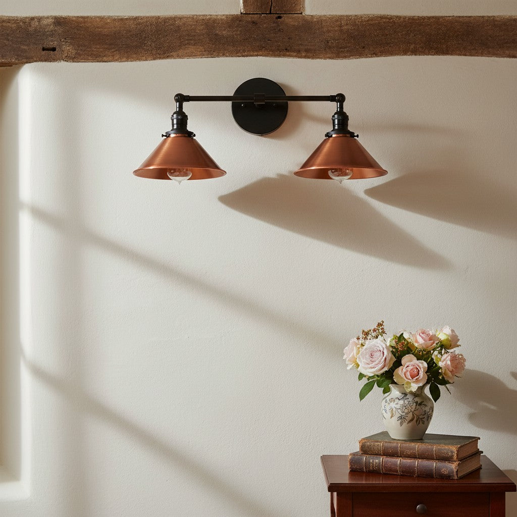 Conique Metal Industrial Wall Sconce with Dual Cone Shades - Vintage Metal Finish