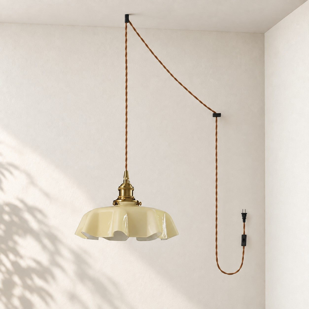 Pleated Glass Antique Brass Plug-In Swag Pendant