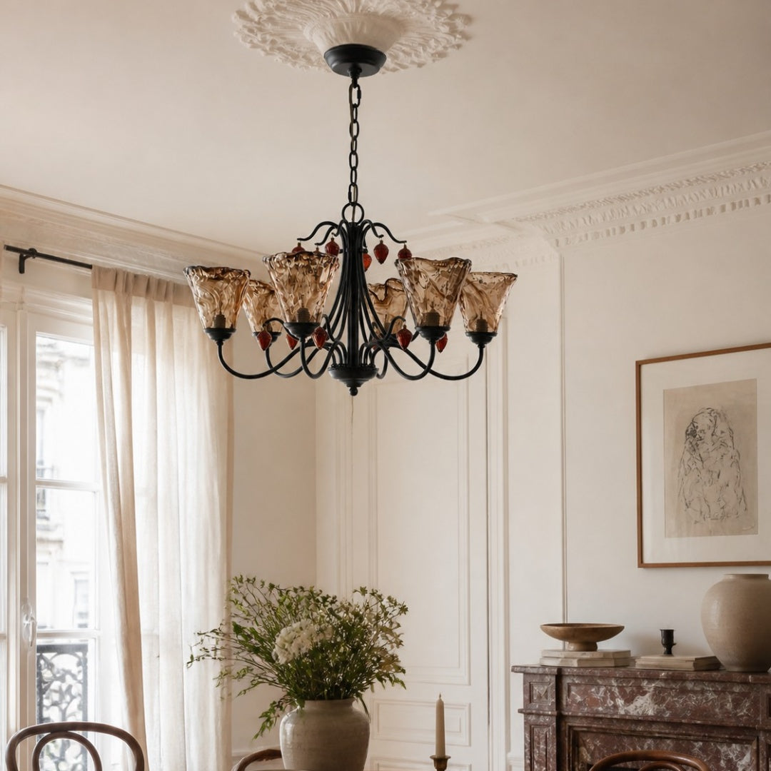 Upward Amber Tulip Glass Metal Chandelier