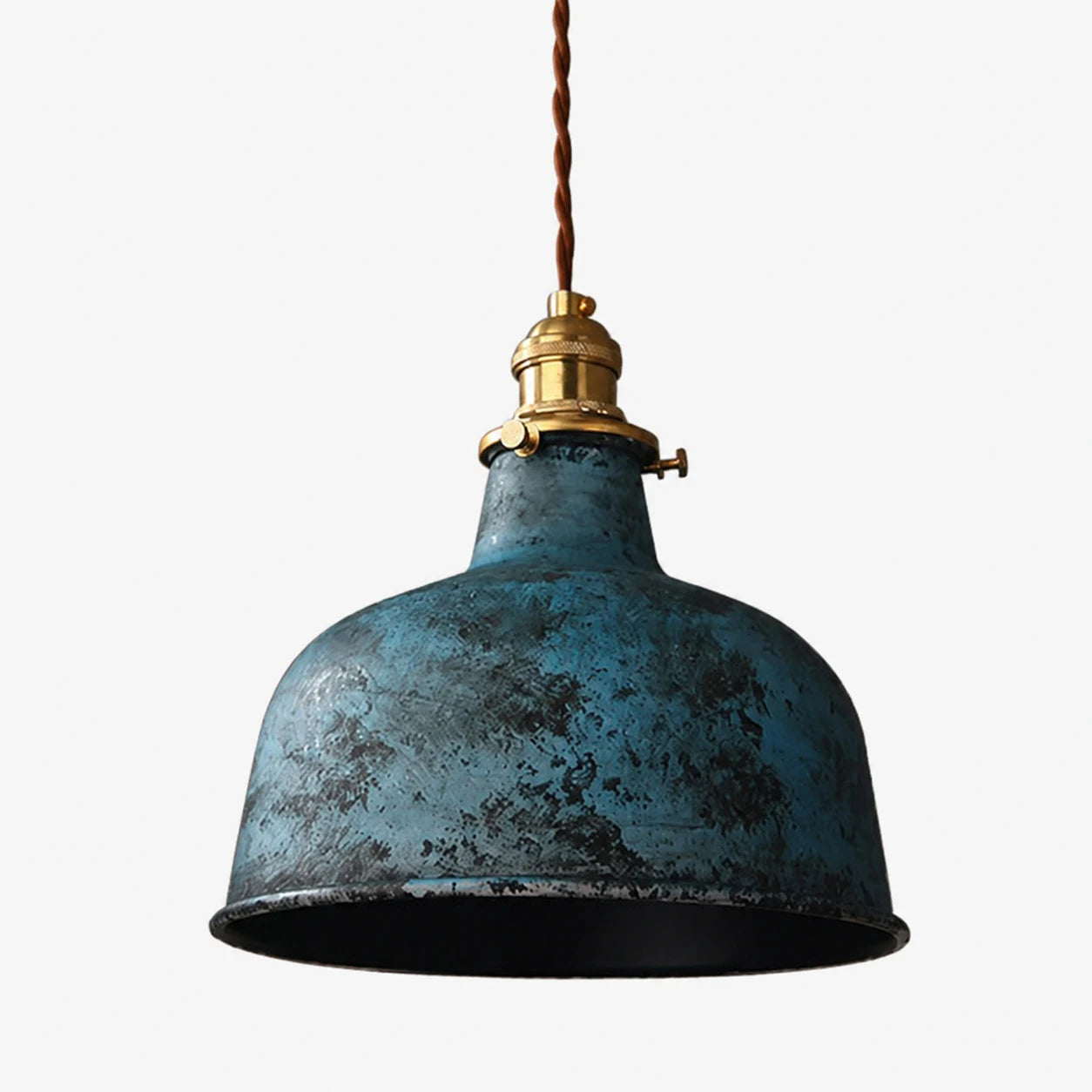 Distressed blue rounded dome pendant lamp on white background