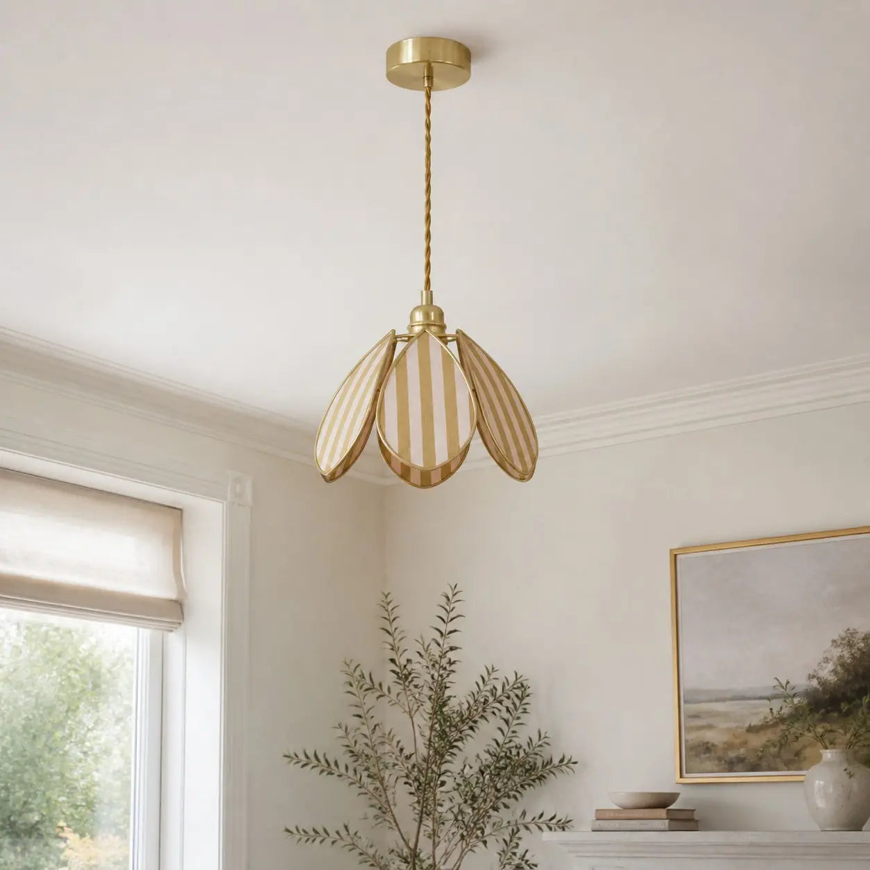 Yellow petal pendant light in a bright living room