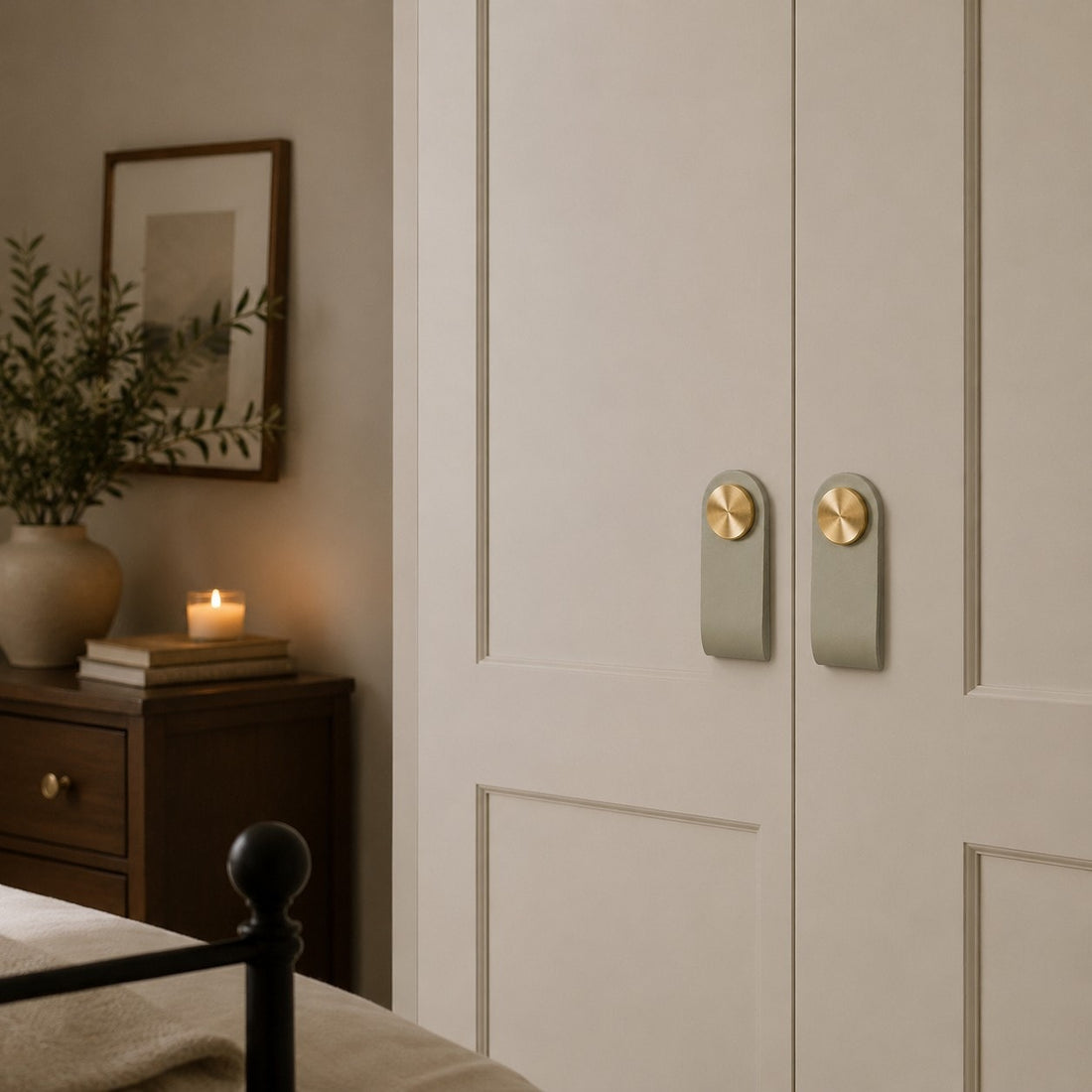 Cowhide leather and brass cabinet pull handle detail and lifestyle image