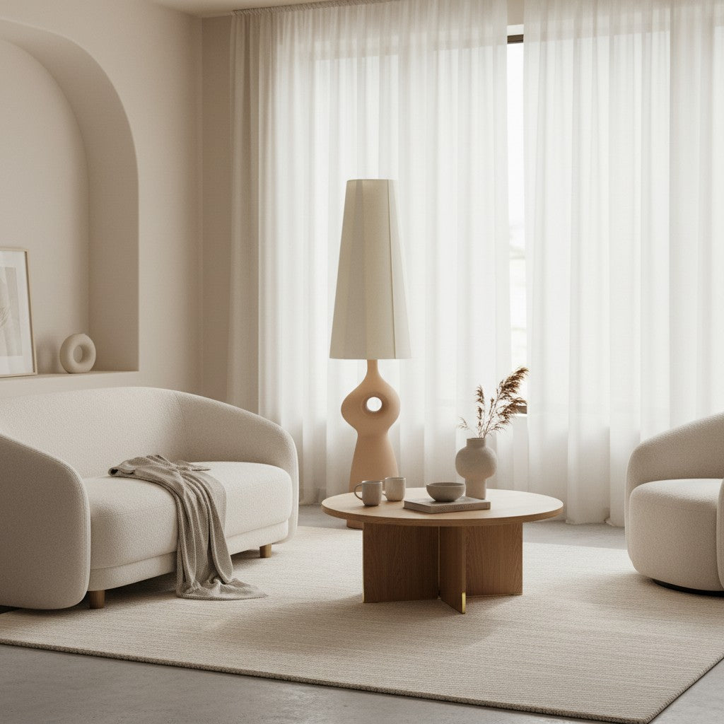 Pryssa Sculptural Ceramic Floor Lamp - Ivory Linen Shade for Living Room Accent
